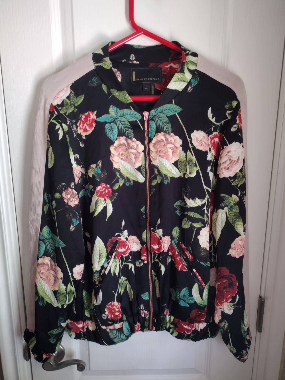 I Jeans By Buffalo Black Floral Bomber Jacket Size Large